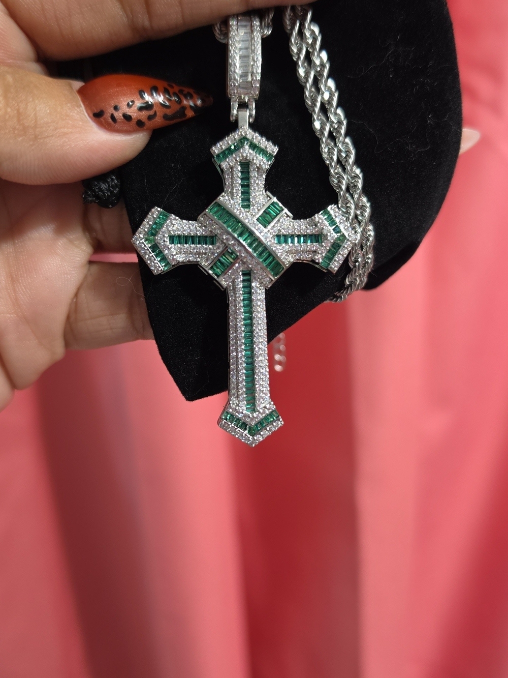 Silver Cross Pendant Necklace with Green Accents